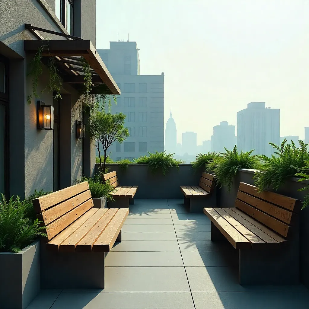 Eco-friendly rooftop garden with wooden furniture